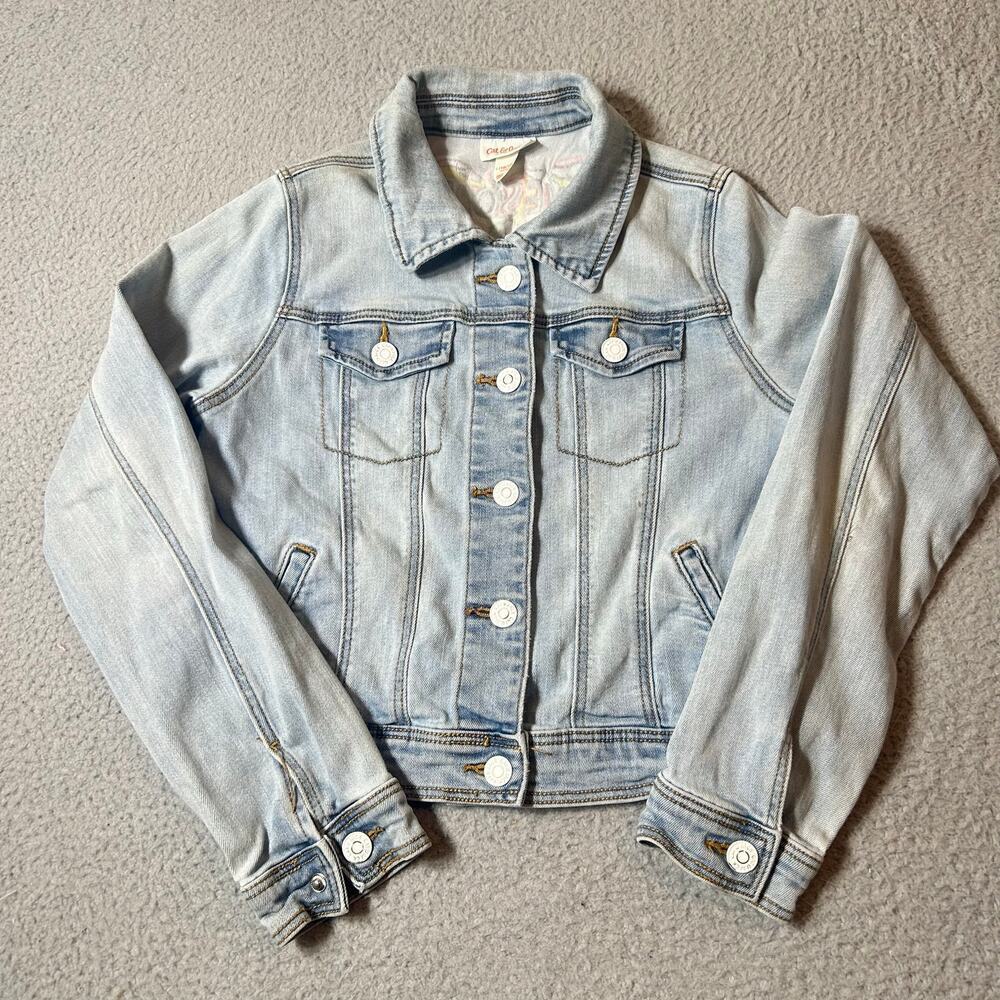 Cat & Jack Denim Jacket Girls L Blue Stretch Embroidered Awesome Jean Jacket
